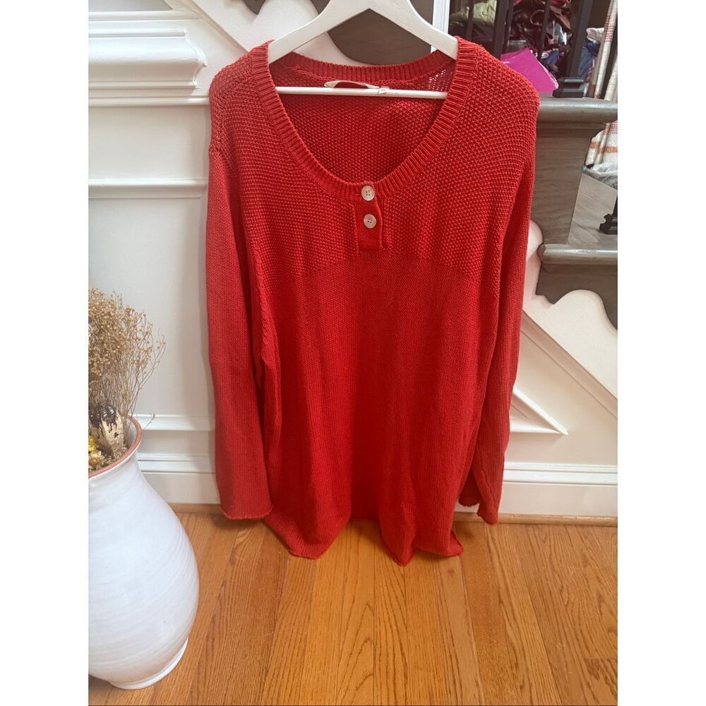Soft Surroundings Orangey Red Waffle Mixed Knit Scoop Neck Button Sweater sz 3X